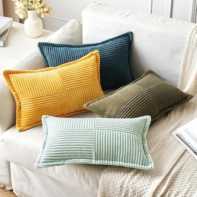 MIULEE Golden Yellow Corduroy Lumbar Pillow Covers 12x20 Inch 12x20 Inch with Splicing Set of 2 Soft Boho Pillow Covers Broadside Decorative Textured Summer Pillowcases for Couch Bed Livingroom