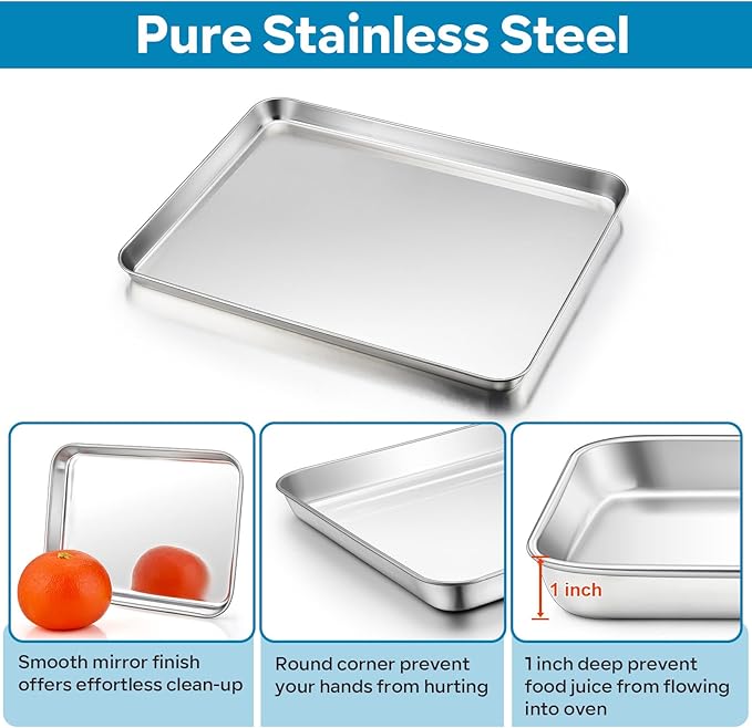TeamFar Baking Tray with Rack, 12.5 x 10 x 1 Inch Stainless Steel Toaster Oven Baking Pan with Grid Rack for Baking Roasting Cooling, Healthy & Heavy-Duty, Oven & Dishwasher Safe, 2pcs