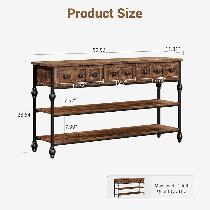 GarveeHome 52" Console Table, Entryway Table with 3 Storage Drawers, 3 Tier Industrial Metal Sofa Table, Behind CouchTable, Hallway Table for Entry, Living Room-Retro Brown