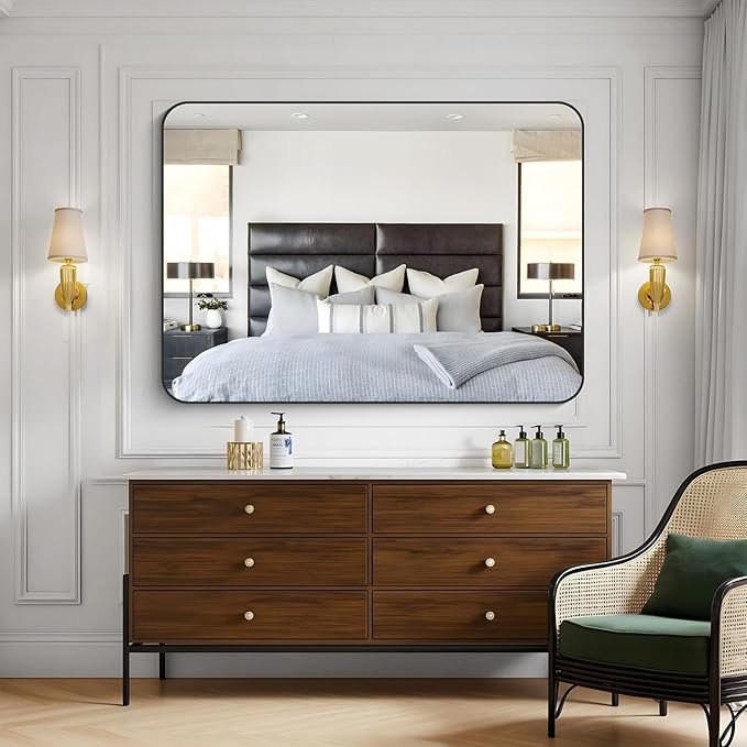 KOCUUY 36"x48" Large Rectangle Vanity Mirror, Black Metal Frame Mirror with Rounded Corner, Modern Design of Upgraded Shatterproof Glass for Bathroom, Bedroom, Living Room, Entryway