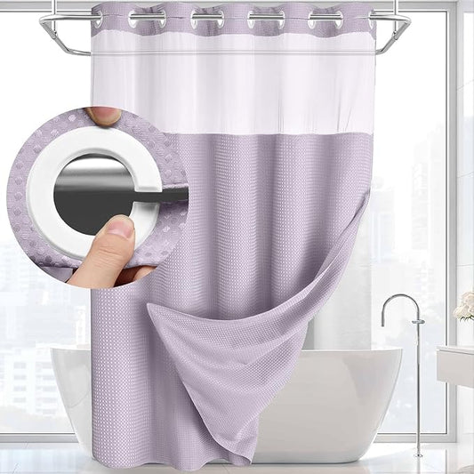 YellyHommy No Hook Shower Curtain with Snap in Liner Set Less Time Waffle Shower Curtain for Bathroom (Lavender, 81" L x 72" W)