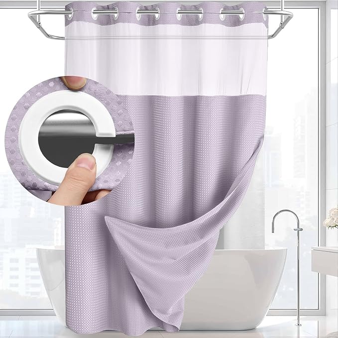 YellyHommy No Hook Shower Curtain with Snap in Liner Set Less Time Waffle Shower Curtain for Bathroom (Lavender, 87" L x 72" W)