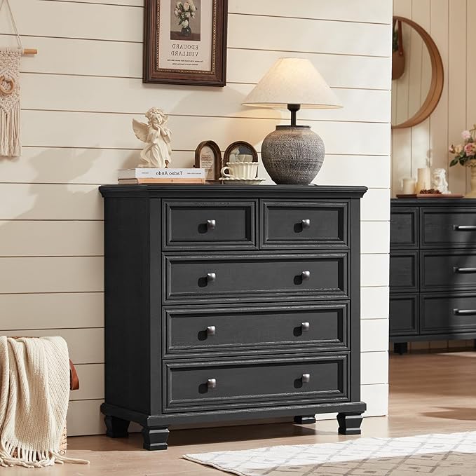 Farmhouse 5 Drawer Dresser Set of 2, 32.6 Inch Tall Modern Chest of Drawers for Bedroom, Rustic Small Dressers w/Square Solid Wood Legs, Mid Century Storage Organizer for Hallway, Black