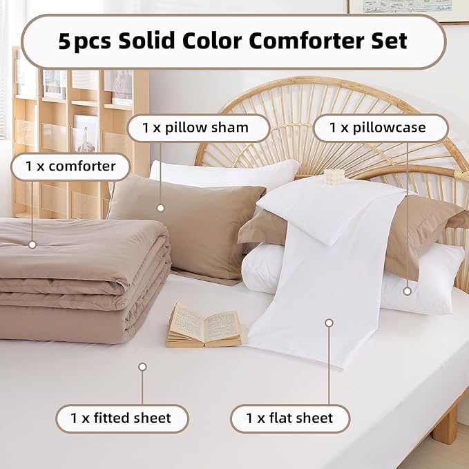 weigelia Twin Comforter Set 5 Pieces Taupe Bed in A Bag Soft Queen Bedding Set Lightweight Comforter Set for Women and Men（Comforters, Flat & Fitted Sheets, Pillowcases & Shams）