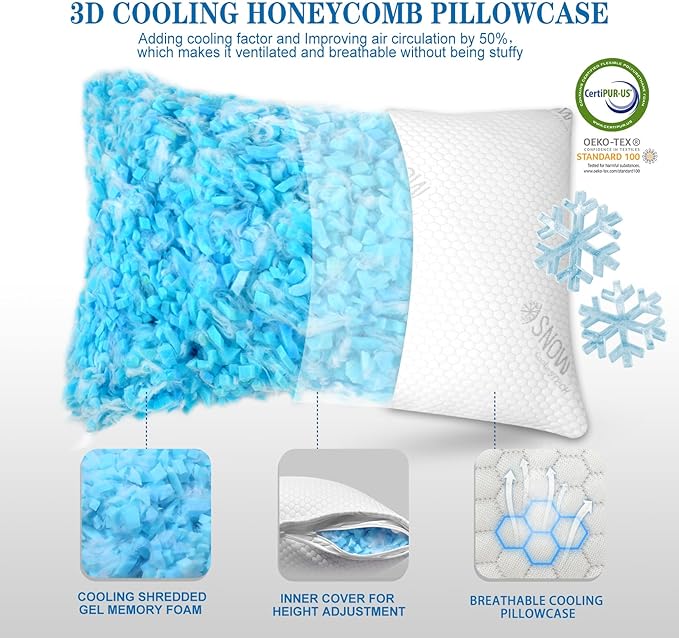 Cooling Pillows Queen Size, Shredded Memory Foam Pillows for Neck and Shoulder Pain, Adjustable Medium Firm 1 Pack Cool Bed Pillow for Hot Sleepers, Side Sleeper Sleeping（20x30）