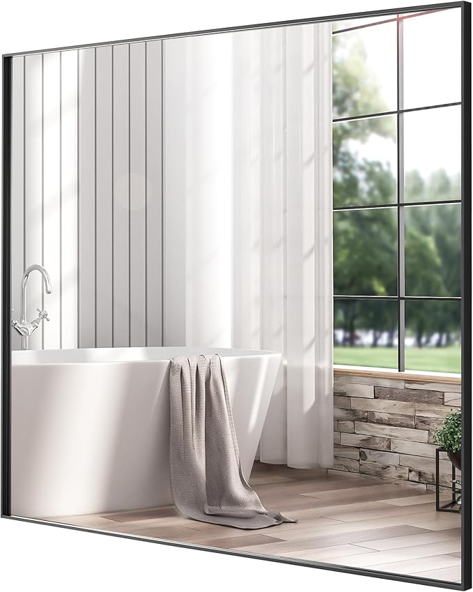 30x30 Inch Black Bathroom Mirror, Copper-Free Mirror, Aluminum Alloy Frame Vanity Mirror, Rectangle Wall Mounted Mirror, Modern Mirror for Bedroom/Living Room/Porch Horizontal or Vertical