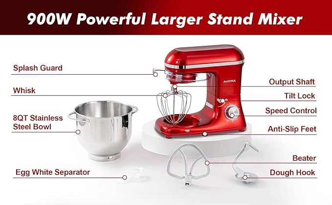 Aucma Stand Mixer, 900W 8QT Large Kitchen Mixer, Kitchen Electric Mixers with Dough Hook, Wire Whip & Beater (Red, 8QT)