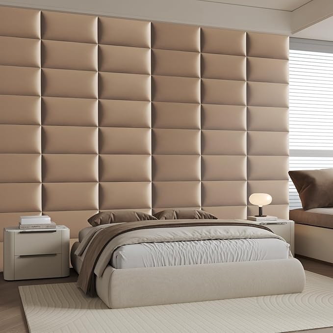 Light Brown Wall-Mounted Upholstered Headboard Panels, Faux Leather, 24x12 Inches, Pack of 12 – DIY Soundproof Wall Padding for Full, Queen, or King Beds, Modern Wall Décor, Easy to Clean