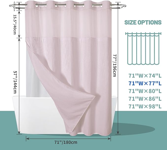 BlushPink No Hook Waffle Weave Shower Curtain with snap-in Liner Replacement, 230GSM Waterproof Fabric Hotel Shower Curtain Set for Bathroom, Through Mesh Top Window,71Wx77H