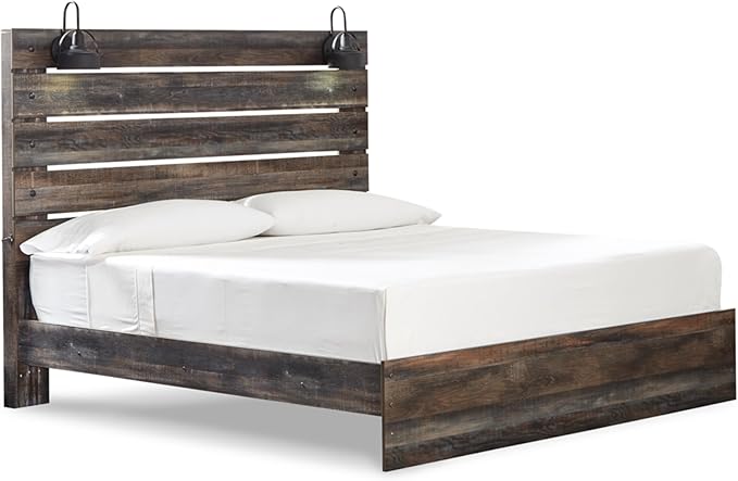 Signature Design by Ashley Drystan Rustic King Panel Bed with Sconce LED Lights, USB Ports and Nailheads, Foundation or Box Spring Needed, Dark Brown & Gray
