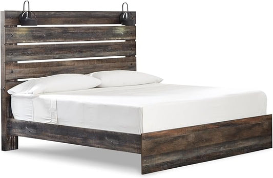 Signature Design by Ashley Drystan Rustic King Panel Bed with Sconce LED Lights, USB Ports and Nailheads, Foundation or Box Spring Needed, Dark Brown & Gray