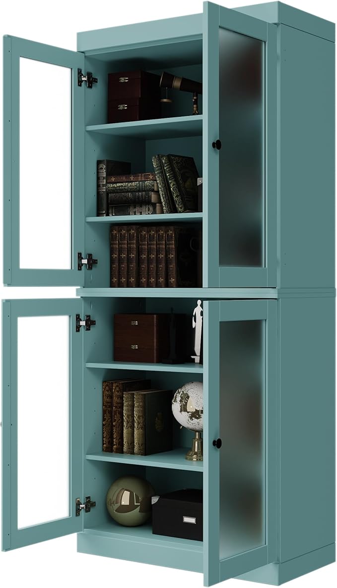 Palace Imports Solid Wood Bookcase w/Frosted Glass Doors & Adjustable Shelves for Living Room - 6-Tier Tall Bookshelf, 71.5" H x 32” W - Aqua, 100% Renewable Eco-Friendly Wood, Made in Brazil