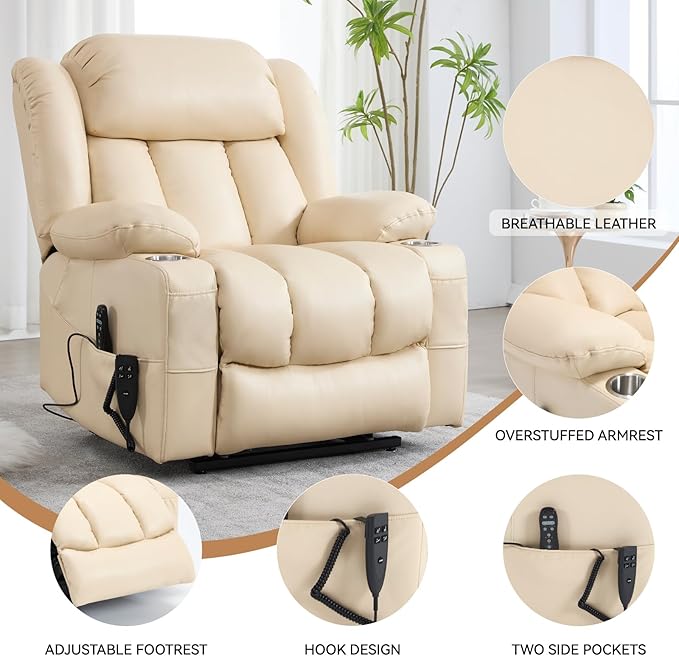 Electric Lay Flat Recliner Chair with Vibration Massage Heat for Elderly People, Power Lift Chair with Dual Motor Cup Holders, Faux Leather Beige
