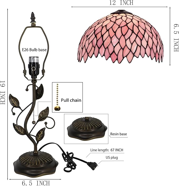 Tiffany Table Lamp, Stained Glass Desk Light, W12H19 Inch, Metal Leaf Base (Pink Wisteria)