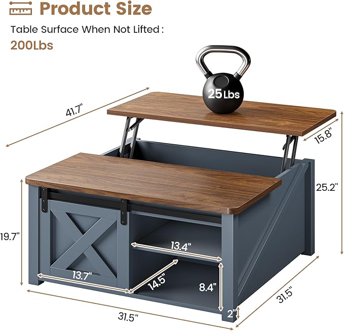 SEDETA 31.5" Lift Top Coffee Table with Storage, Square Coffee Tables for Living Room, Farmhouse Coffee Table with Large Hidden Storage Compartment and Adjustable Shelves, Blue