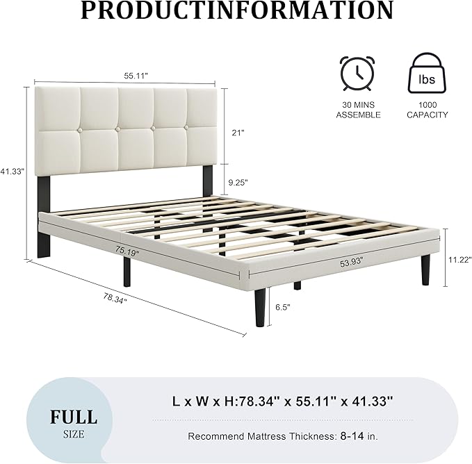 Full Size Bed Frame, Full Size Platform Bed Frame with Headboard, Upholstered Headboard, Sturdy Wooden Slats, Noiseless No Box Spring Required, Easy to Assemble, Beige