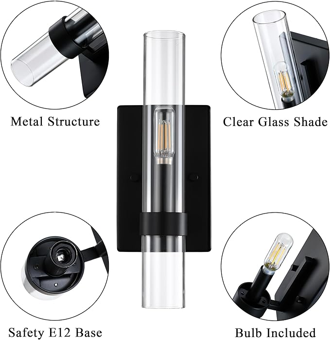 Untrammelife Black Wall Sconce, 1-Light Modern Wall Sconce with Clear Glass Shade, Dimmable Indoor Sconces Wall Lighting, Wall Mounted Lamp, Wall Lights for Bedroom Living Room, LED Bulb Included