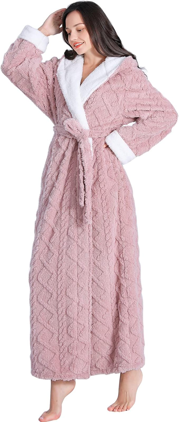 LKG women's robes long plush hooded ladies shower luxury christmas warm fuzzy robes house coat bathrobe for women full length