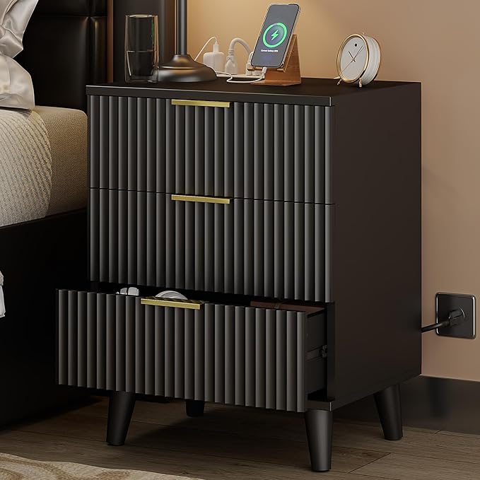 Lulive Wood 3 Drawers Dresser Fluted Night Stand with Charging Station, Natural Nightstand 3 Storage Drawers Dresser Modern Side Table, Bedside Table for Bedroom, Living Room