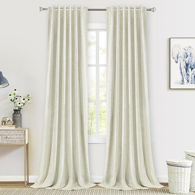 Ivory Linen Blackout Curtains 96 Inch Length 2 Panels Set for Bedroom Back Tab Thermal Insulated 100% Black Out Linen Drapes Living Room Darkening Window Curtains 96 Inches Long Natural