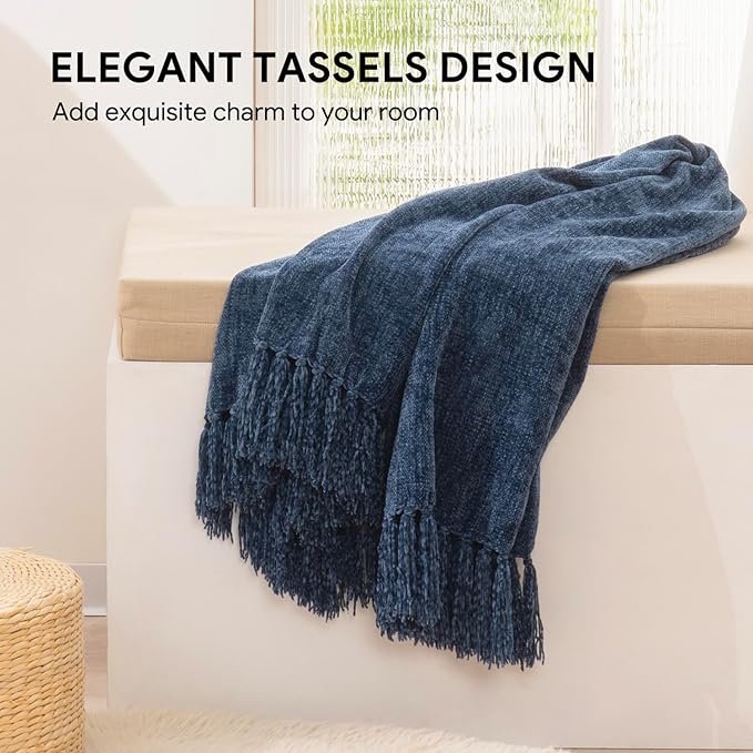 RECYCO Throw Blanket Soft Cozy Chenille Throw Blanket with Fringe Tassel for Couch Sofa Chair Bed Living Room Gift (Blue, 60" x 80")