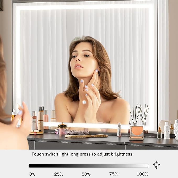 Black Vanity Desk with Mirror and Lights, Makeup Table with 44.8" Oversized Vanity Mirror Dressing Table Set with Stool, 7 Drawers and Storage Cabinet for Bedroom Dressing Room