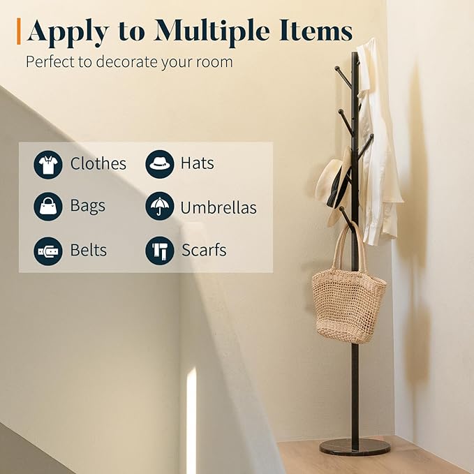 Yoobure Coat Rack Freestanding with Natural Marble Base - Coat Tree with 8 Hooks Heavy Duty Coat Hanger Stand, Metal Coat Rack Stand for Jacket, Hat, Clothes & Bag, Hall Tree Hat Rack for Entryway
