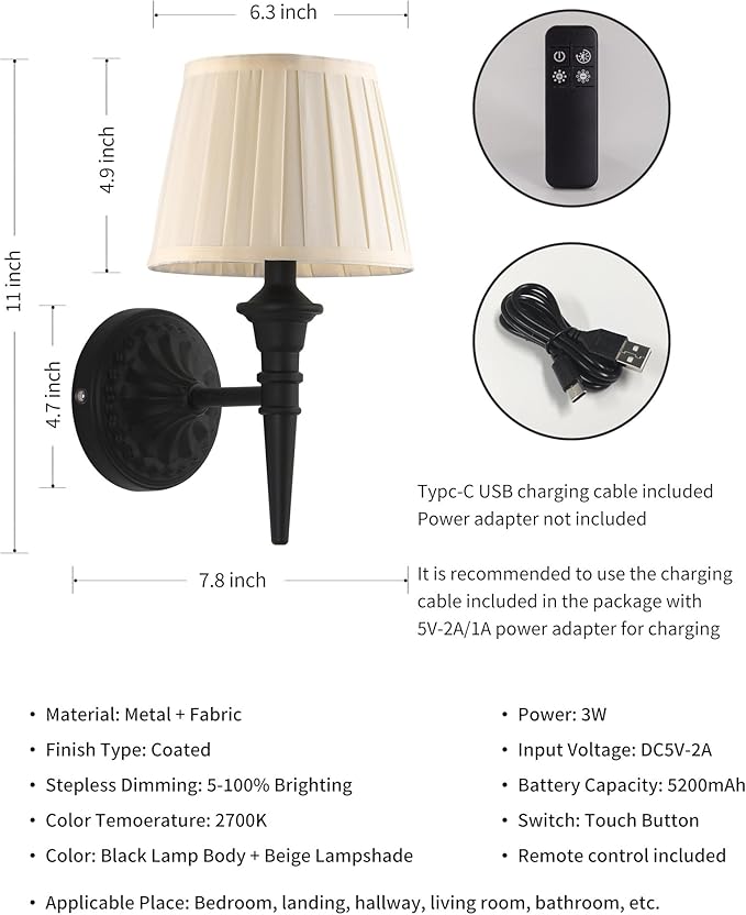 KDG Cordless Wall Sconces Set of 2, Small Wireless 5200mAh Rechargeable Battery Fabric LED Wall Lamps, Portables Lightings for Wall Painting, Living Room, Bedroom, Hallway, Gifts, Night Light (Black)