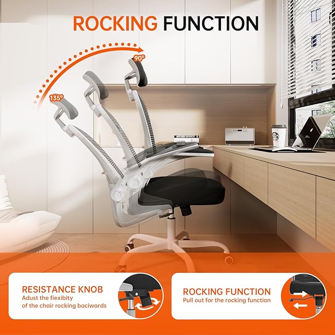 Office Chair Ergonomic Desk Chair, 330LBS Capacity, High Back Computer Chair for Long Hours Comfortable, Rolling Swivel Chair for Home Office, Flip-up Armrests（Grey Black）