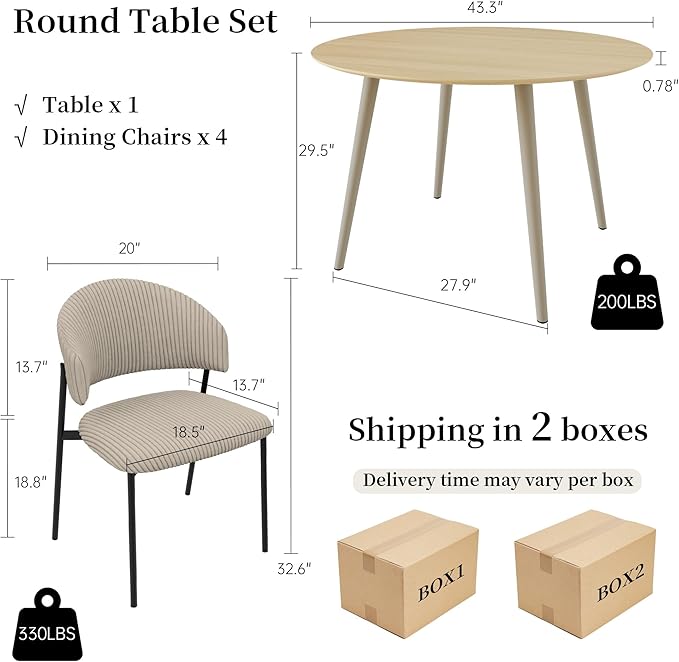 43.3 Inch Round Dining Table Set for 4, Modern Small Kitchen Coffee Set for Dining Room Kitchen Apartment (Cream Table + 4 Grey Shell Chairs)