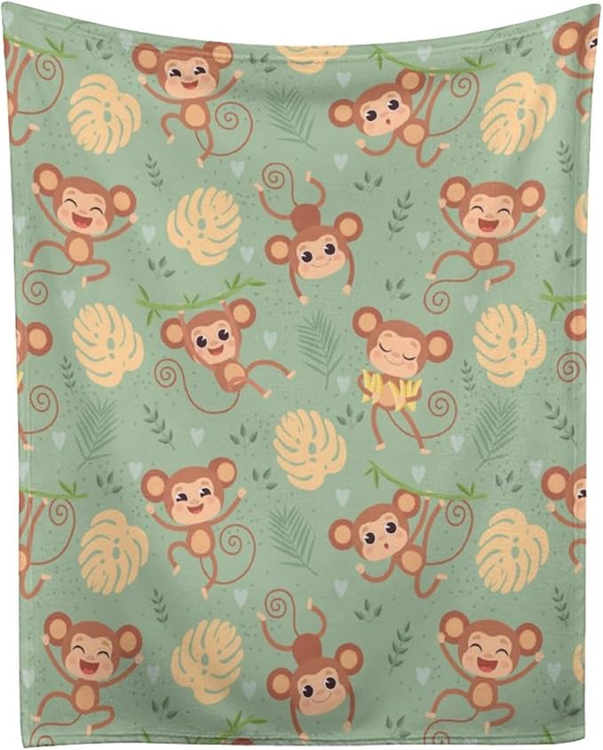 Wild Cute Animals Monkey Throw Blanket, Flannel Fleece Bed Blanket, Soft Cozy Fuzzy Plush Blankets for Couch Sofa Office Traveling Kids Bedroom Adults Living Room All Season, 60"x50"