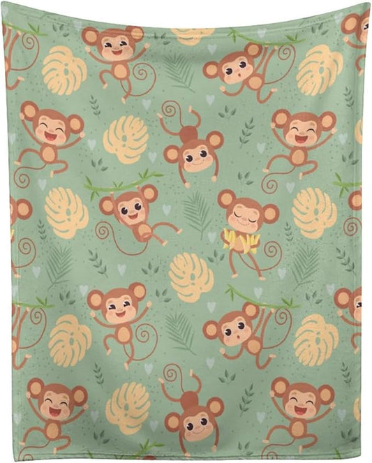 Wild Cute Animals Monkey Throw Blanket, Flannel Fleece Bed Blanket, Super Soft Cozy Fuzzy Plush Blankets for Couch Sofa Office Traveling Kids Bedroom Adults Living Room All Season, 80"x60"