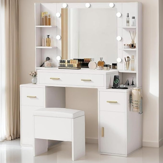 DWVO Vanity Desk with Large Mirror and LED Lights, Makeup Vanity Table Set with Power Outlets, Comfy Stool & Storage Drawers, Shelves and Cabinets, 3 Lighting Modes Makeup Table, Dressing Room, White