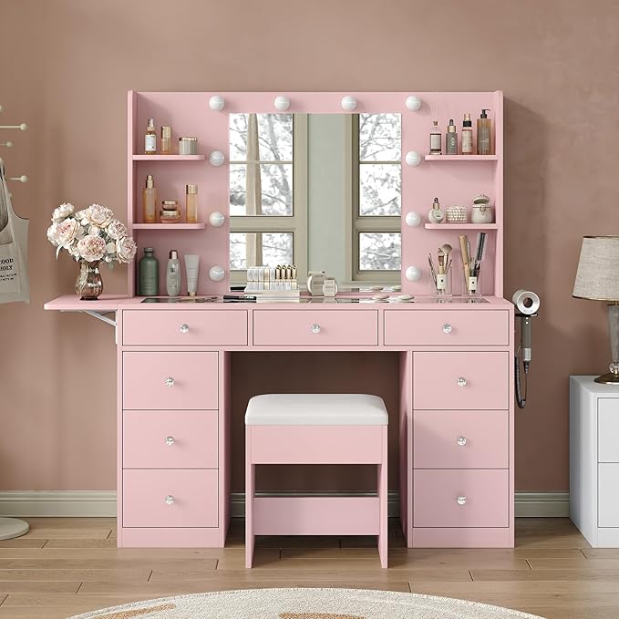 9 Drawers Vanity Desk & Power Outlet, Makeup Vanity with Mirror and 10 LED Lights, 3 Lighting Modes Brightness Adjustable, Makeup Table with 4 Shelves and Fold-up Panel, Vanity Set for Bedroom, Pink
