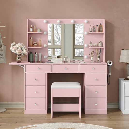 9 Drawers Vanity Desk & Power Outlet, Makeup Vanity with Mirror and 10 LED Lights, 3 Lighting Modes Brightness Adjustable, Makeup Table with 4 Shelves and Fold-up Panel, Vanity Set for Bedroom, Pink