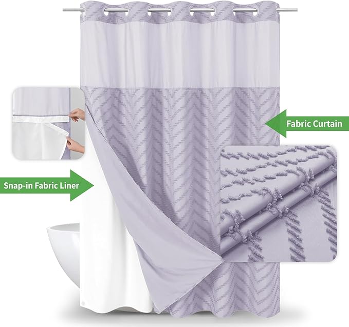 Extra Long No Hook Boho Farmhouse Shower Curtain with Snap-in Fabric Liner set-71Wx86H(84H),Tufted Chevron Striped Hotel Grade Cloth Shower Curtains for Bathroom,Water Repellent,Lavender