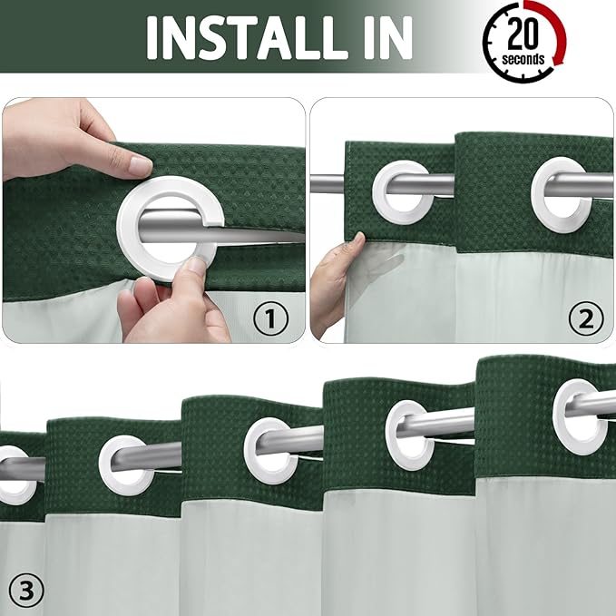 YellyHommy No Hook Shower Curtain with Snap in Liner Set Less Time Dark Green Waffle Shower Curtain for Bathroom 75" L x 72" W