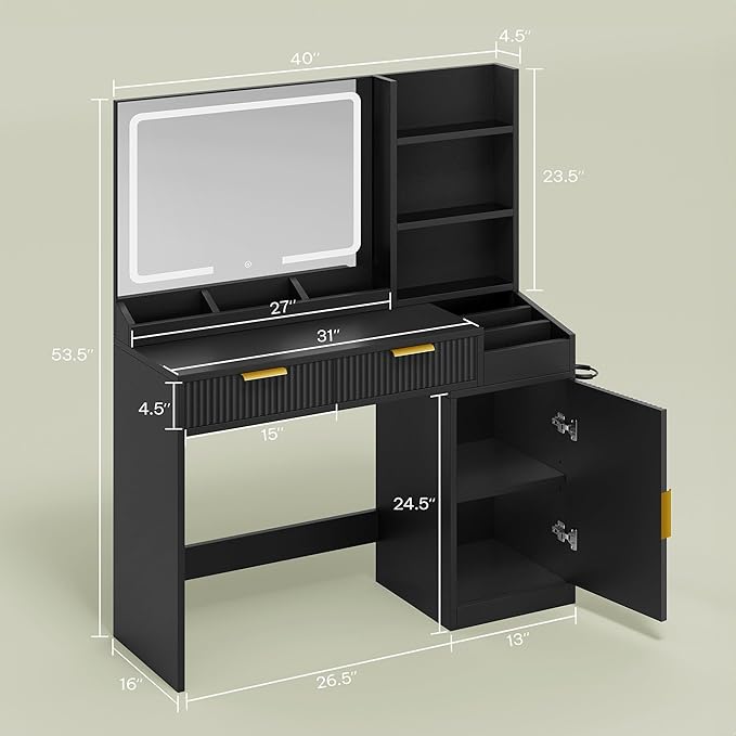 DWVO Fluted Makeup Vanity Desk with Large 27" Mirror and Lights, Modern Big Makeup Table with Power Outlet, 11 Shelves & 2 Drawers, 3 Color Lighting Modes, Dressing Table Vanity Set for Bedroom, Black