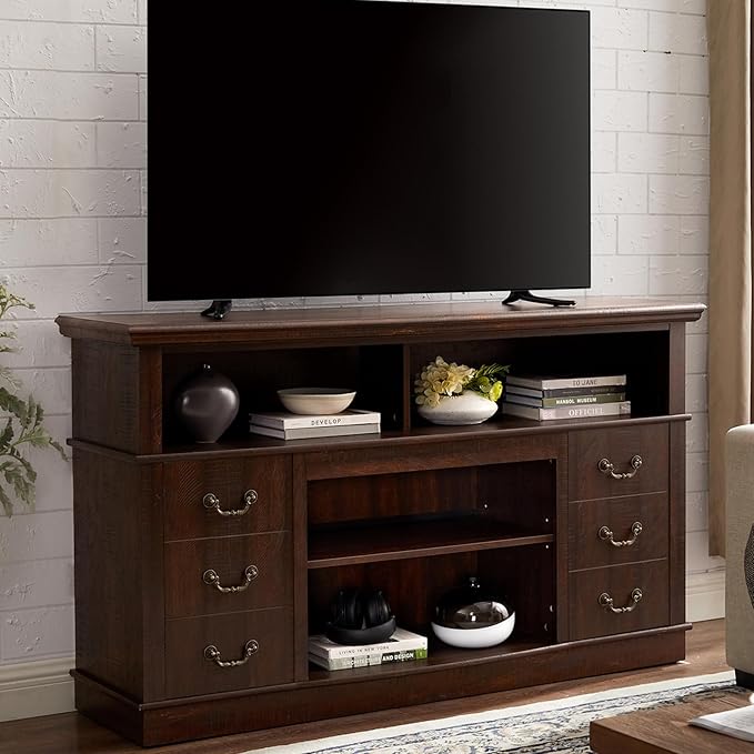HMFULE 60" Entertainment Center for 60 65 Inch Television, TV Stand with Storage Cabinets & 2 Doors & Adjustable Shelves, Modern TV Console, Rustic Farmhouse Living Room Furniture (Espresso)