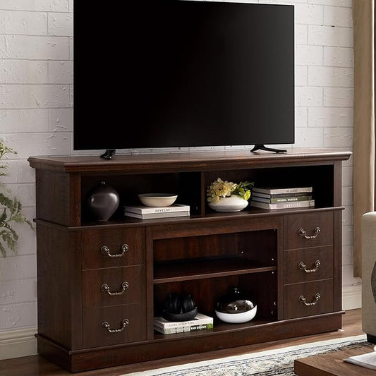 HMFULE 60" Entertainment Center for 60 65 Inch Television, TV Stand with Storage Cabinets & 2 Doors & Adjustable Shelves, Modern TV Console, Rustic Farmhouse Living Room Furniture (Espresso)