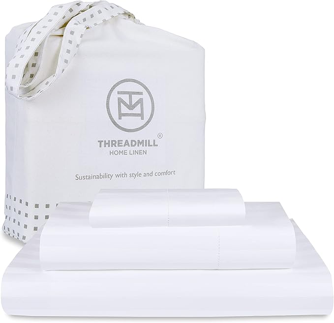 Threadmill 500 Thread Count Twin Size Damask Stripe, 3 Pc Luxury Cotton Bedding Set, Breathable & Soft Stripe Hotel White Sheets with 15" Elasticized Deep Pocket, 1 Pillowcase & Free Tote Bag