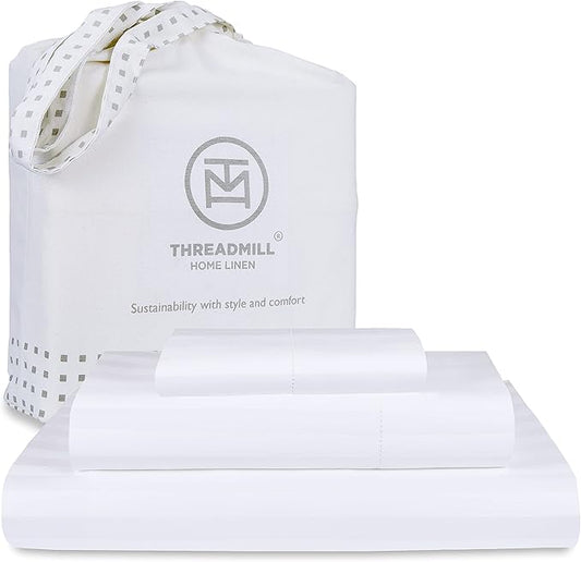 Threadmill 500 Thread Count Twin-XL Size Damask Stripe, 3 Pc Luxury Cotton Bed Sheet Set, Breathable Hotel White Sheets with 15" Elasticized Deep Pocket, 1 Pillowcase & Free Tote Bag