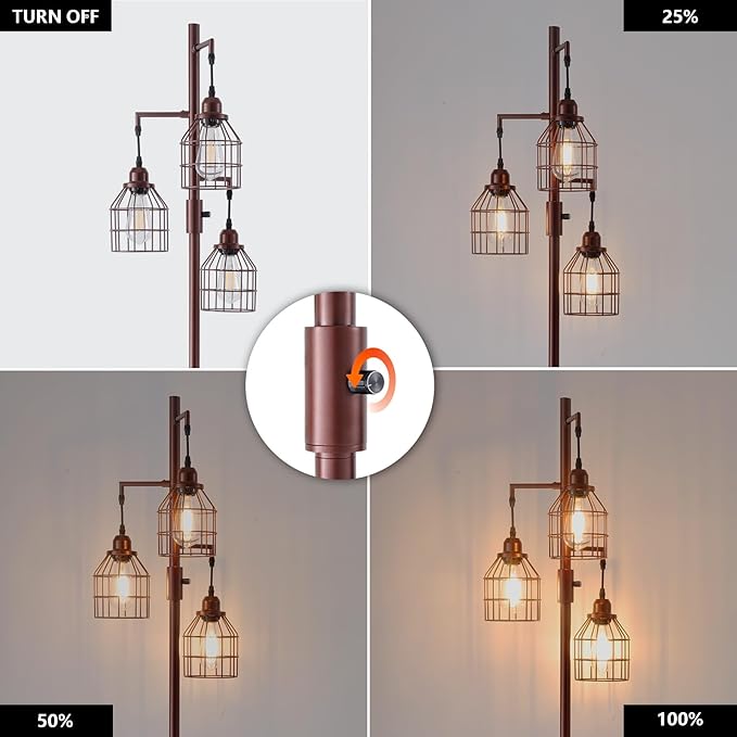 9MMML Floor Lamp for Living Room, Farmhouse Industrial Dimmable Floor lamp, 3 Lights Metal Cage Tree Standing Lamp,68", 3Pcs LED Bulbs Included