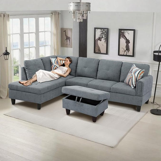 L-Shape 3-Piece Cloud Sofa, Couch for Living Room, Dark Grey Fluffy Fabric L-Shape with Reversible Chaise & Storage Ottoman, Ergonomic 110–115° Recline, Solid-Wood Frame