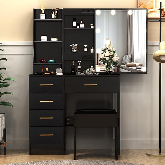 Vanity Desk with Sliding Mirror and Lights, Small Makeup Vanity Table Set with Chair and Drawers, Black Vanity with Lighted Mirror for Bedroom, Dressing Table for Teen Girls and Women