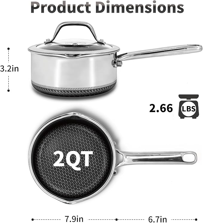 Hybrid Nonstick 2 QT Saucepan with Lid, Stainless Steel Honeycomb Pot with Two Pour Spouts,Compatible with All Cooktops,Dishwasher and Oven Safe