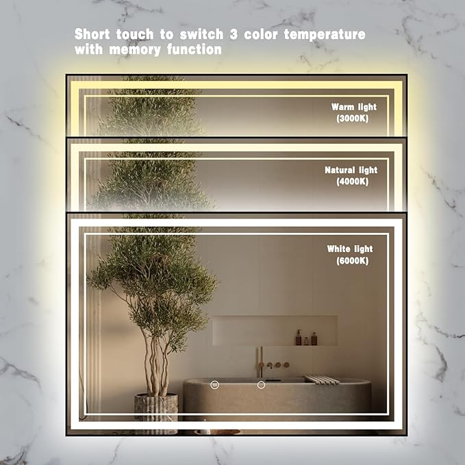 55" x 36" LED Bathroom Mirror with Lights Framed LED Mirror for Bathroom Backlit and Front Lighted Bathroom Mirror Black Square Aluminum Frame Anti-Fog Dimmable Adjustable Shatter-Proof