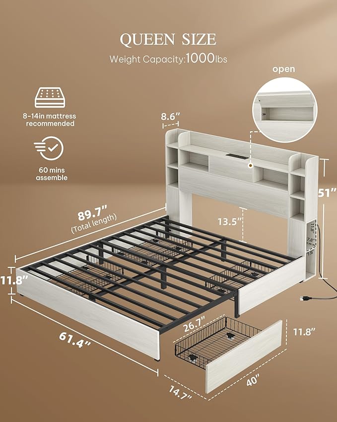 YITAHOME Queen Size Bed Frame with Bookcase Headboard and 4 Storage Drawers, RGB LED Bed Frame with Type-C & USB Charging Station Storage Headboard Bed, No Box Spring Needed, Noise Free, Antique White