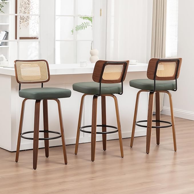 Swivel Counter Height Stools - 26 inch Counter Stools Set of 3 with Curved Rattan Back, Walnut Craftsmanship, Upholstered Seat, Counter Height Bar Stool for Island/Pub/Kitchen (26" Seat Height, Green)