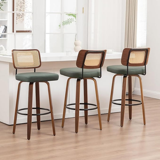 Bar Stools Set of 3 - 30 inch Rattan Swivel Bar Stools with Walnut Craftsmanship, Curved Rattan Back, Upholstered Seat, Mid Century Modern BarStools for Bar/ Pub/Island/Cafe (30" Seat Height, Green)